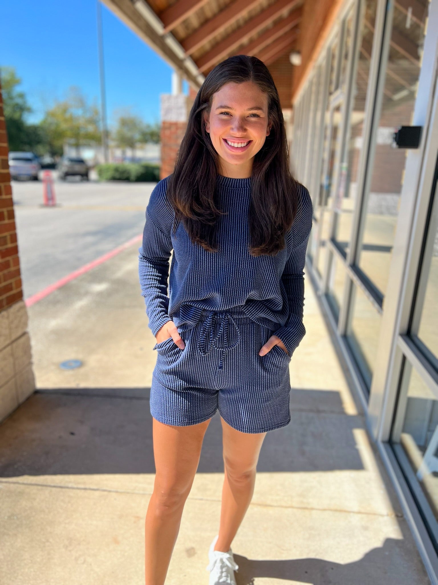 Navy Long Sleeve Ribbed Short Set - A'Bekah's Boutique