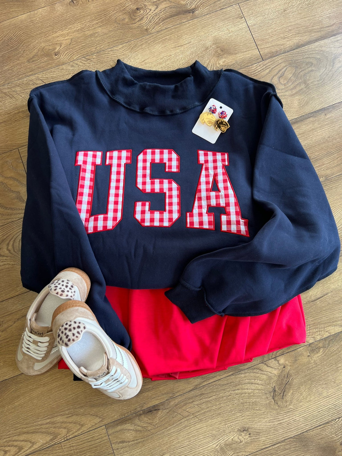 Navy Mock Neck USA Embroidered Sweatshirt - A'Bekah's Boutique