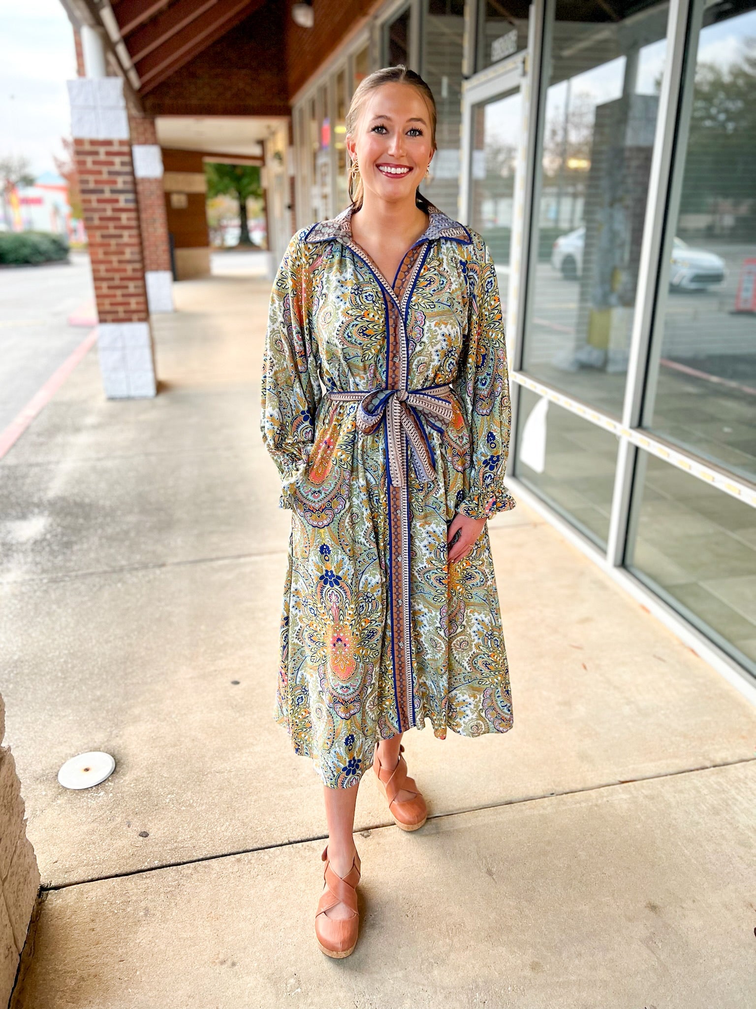 Navy Paisley Belted Button Up Dress with Long Sleeves - A'Bekah's Boutique