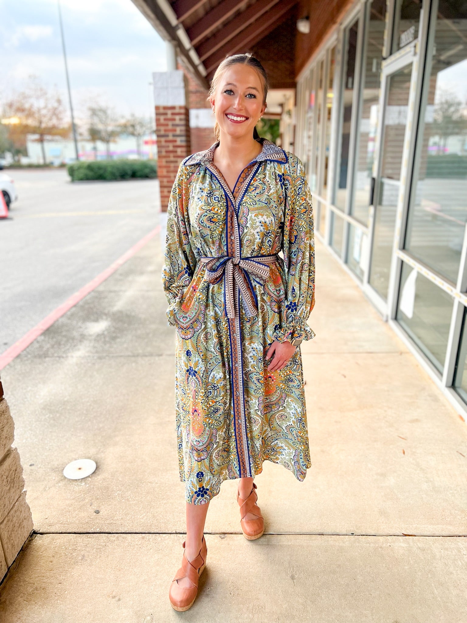 Navy Paisley Belted Button Up Dress with Long Sleeves - A'Bekah's Boutique