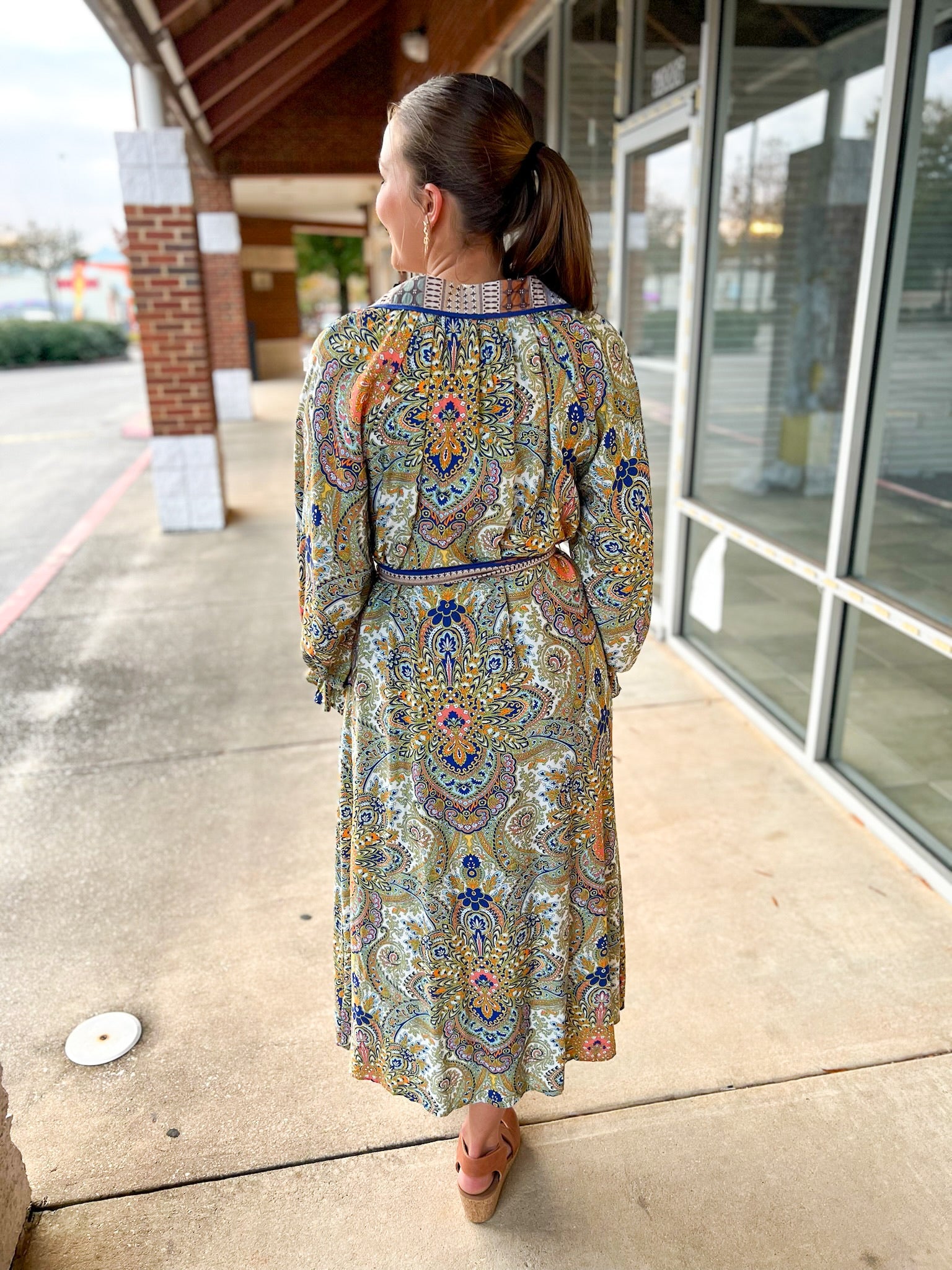 Navy Paisley Belted Button Up Dress with Long Sleeves - A'Bekah's Boutique