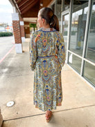 Navy Paisley Belted Button Up Dress with Long Sleeves - A'Bekah's Boutique