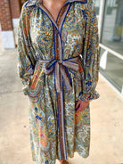 Navy Paisley Belted Button Up Dress with Long Sleeves - A'Bekah's Boutique