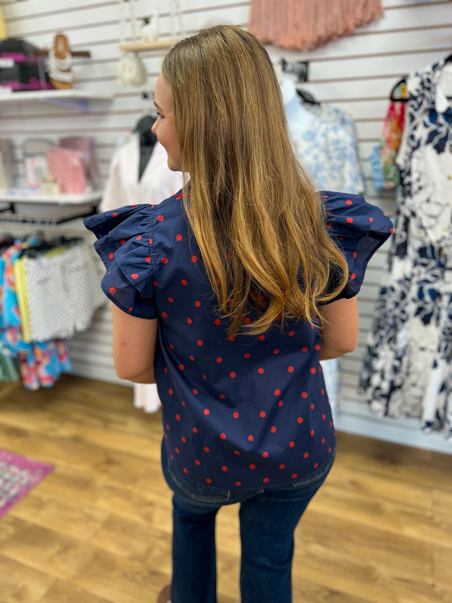 Navy Polka Dot Button Front Top with Scallop Details - A'Bekah's Boutique