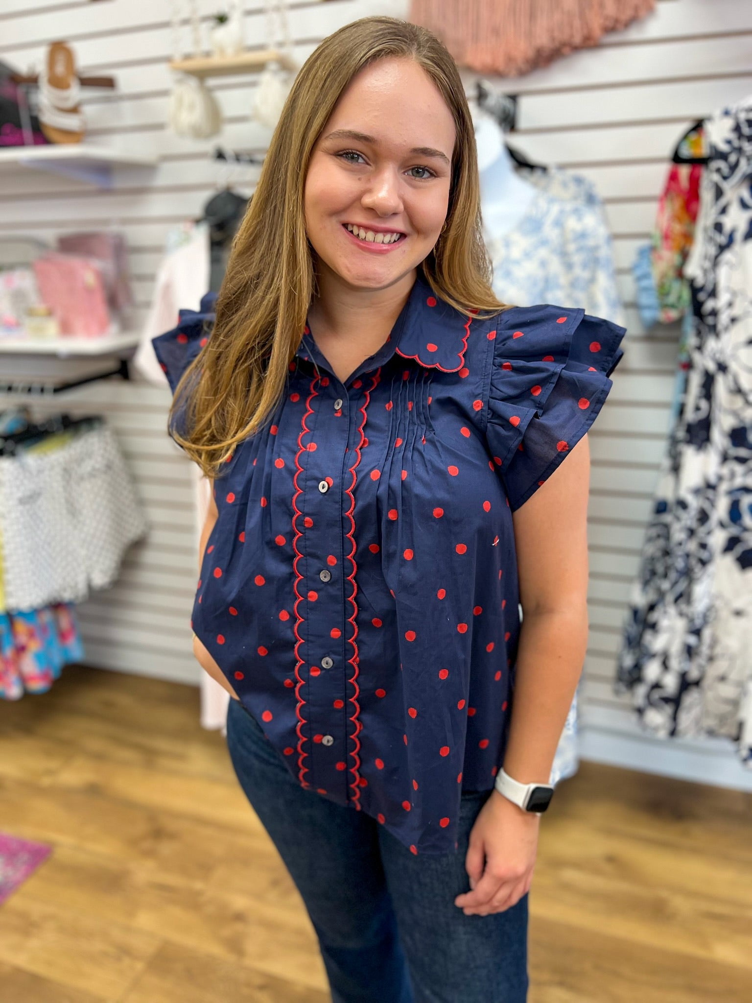 Navy Polka Dot Button Front Top with Scallop Details - A'Bekah's Boutique