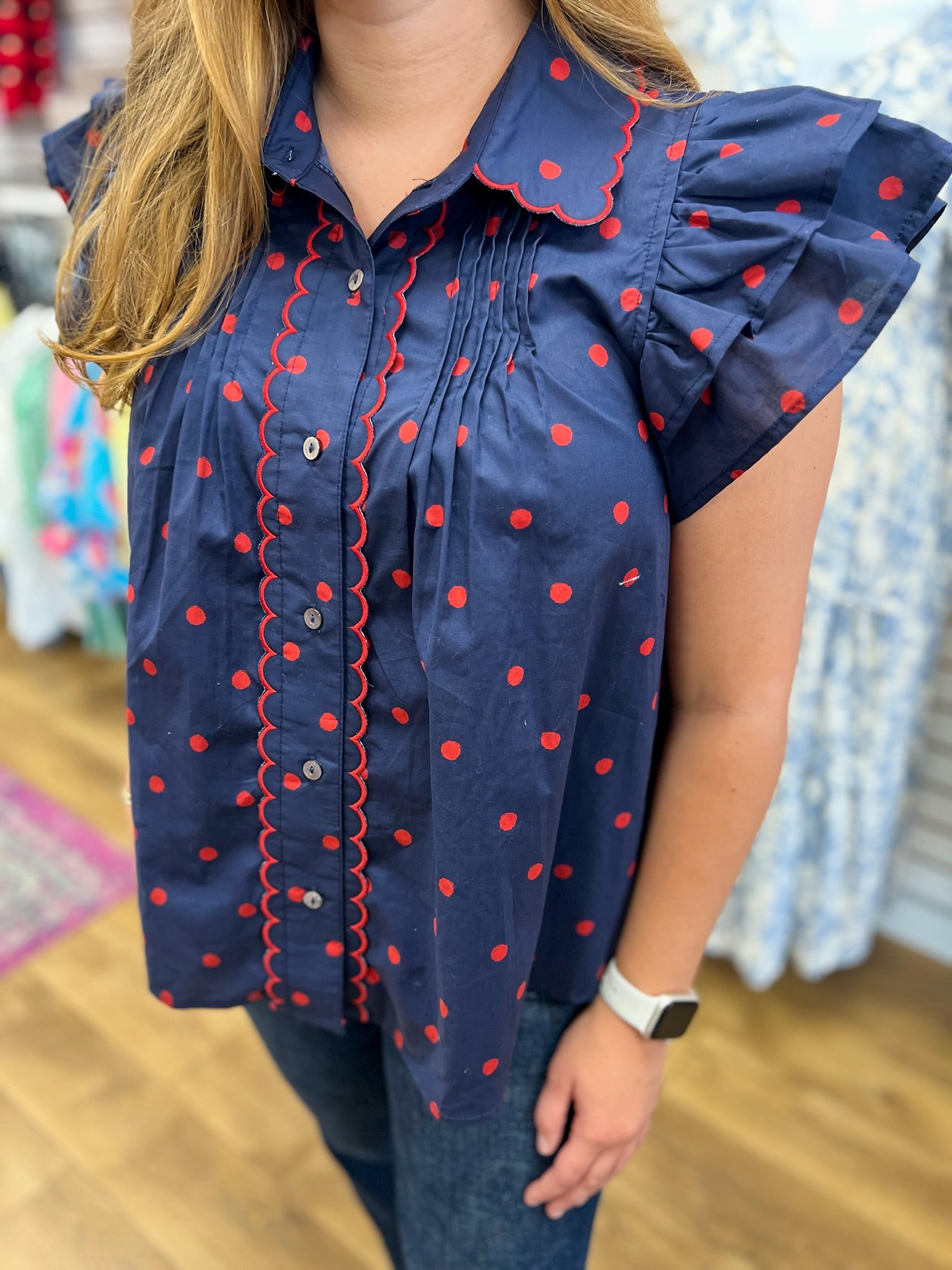 Navy Polka Dot Button Front Top with Scallop Details - A'Bekah's Boutique