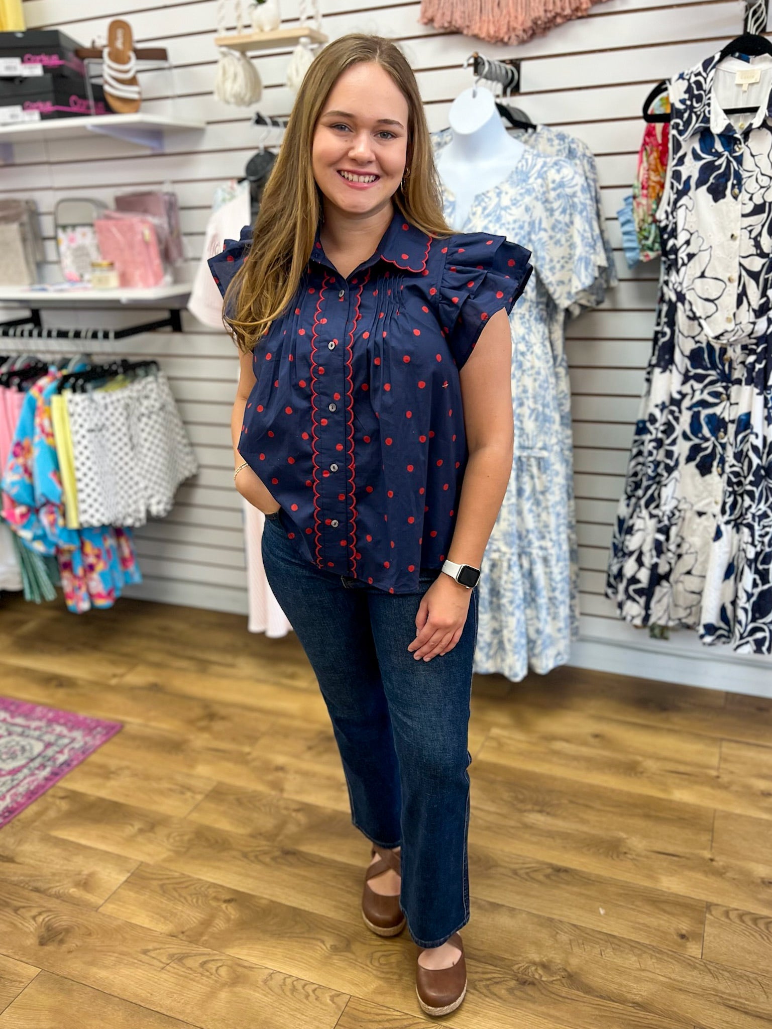 Navy Polka Dot Button Front Top with Scallop Details - A'Bekah's Boutique