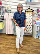 Navy Polka Dot Short Sleeve Top with Tie Bow Neckline - A'Bekah's Boutique