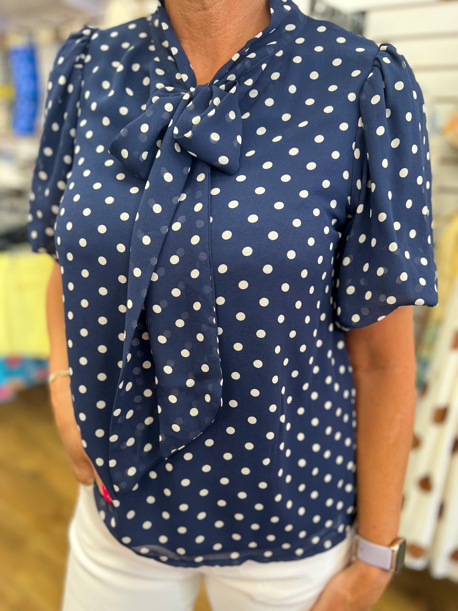 Navy Polka Dot Short Sleeve Top with Tie Bow Neckline - A'Bekah's Boutique