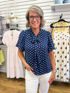 Navy Polka Dot Short Sleeve Top with Tie Bow Neckline - A'Bekah's Boutique