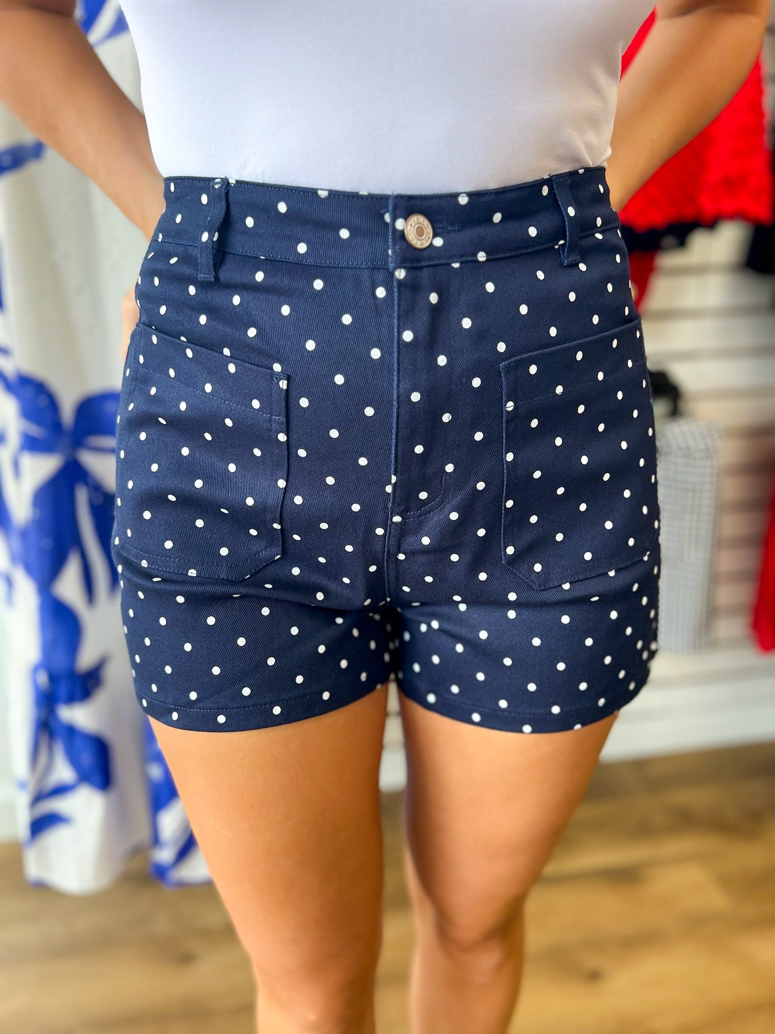 Navy Polka Dot Shorts with Pockets - A'Bekah's Boutique