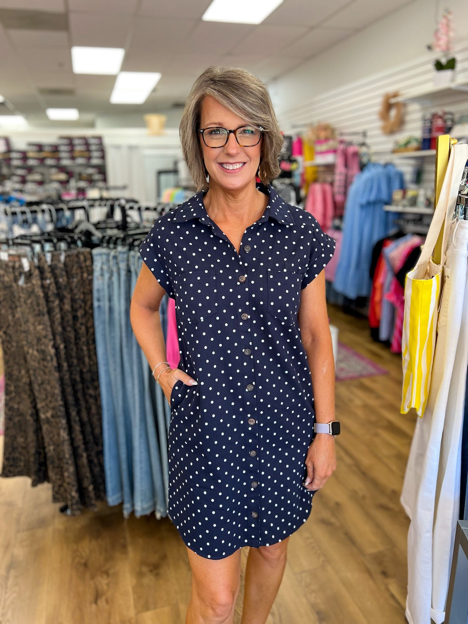 Navy Polka Dot Sleeveless Shirt Dress with Pockets - A'Bekah's Boutique
