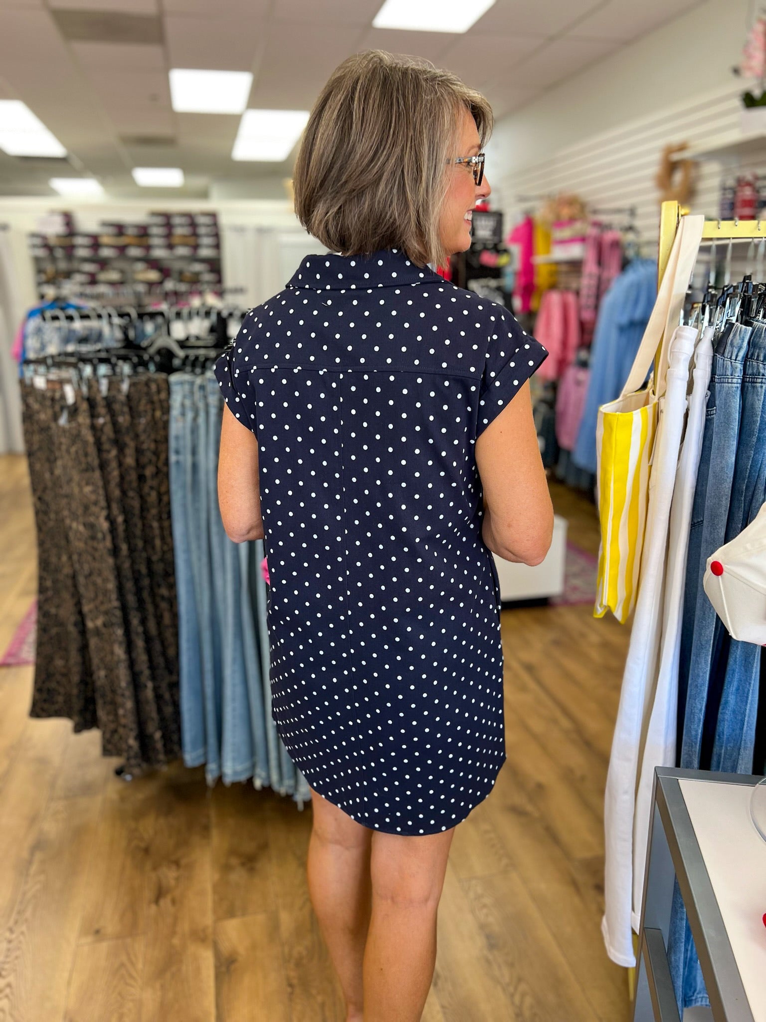 Navy Polka Dot Sleeveless Shirt Dress with Pockets - A'Bekah's Boutique