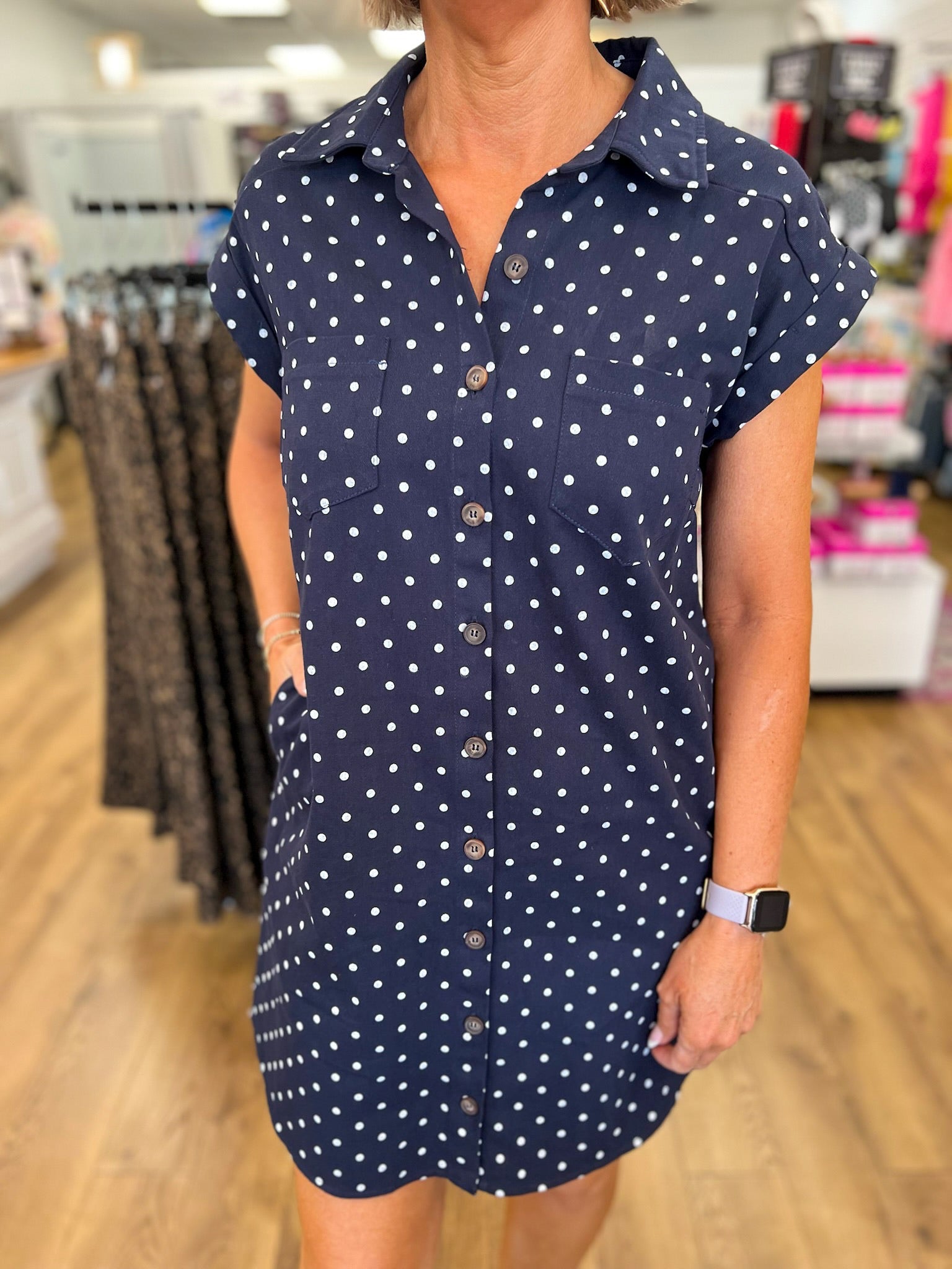 Navy Polka Dot Sleeveless Shirt Dress with Pockets - A'Bekah's Boutique