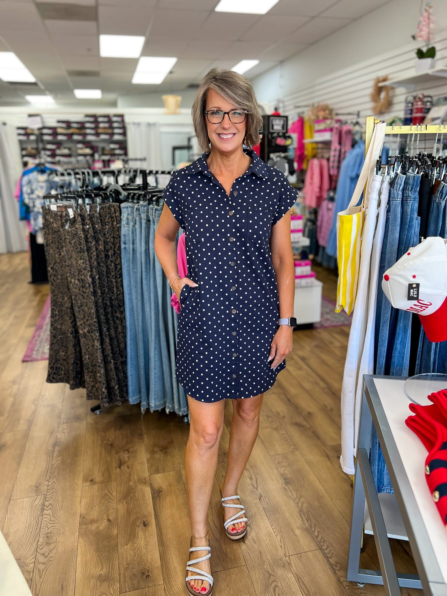 Navy Polka Dot Sleeveless Shirt Dress with Pockets - A'Bekah's Boutique