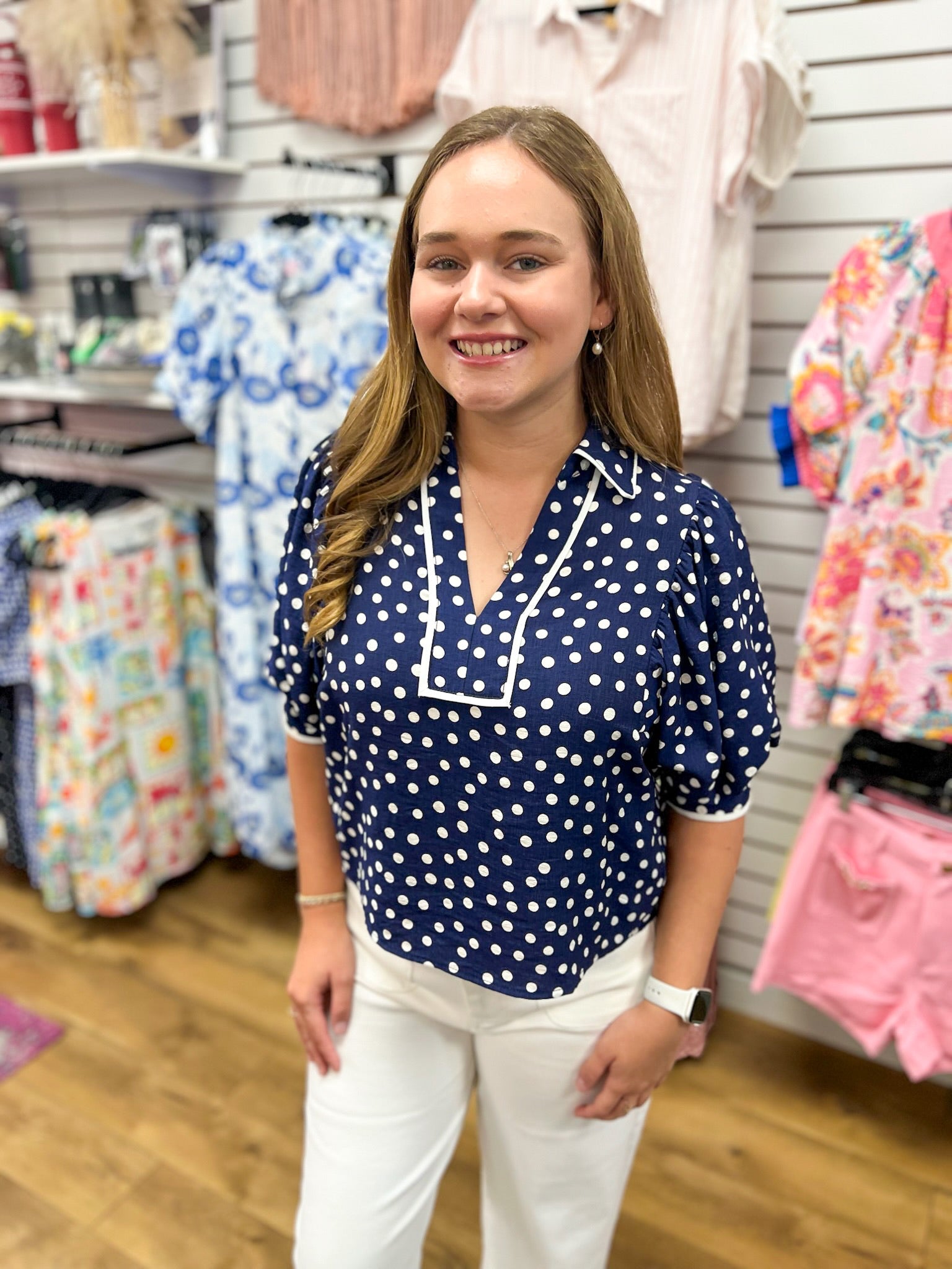 Navy Polka Dot Top with Contrast Trim and Puff Sleeves - A'Bekah's Boutique