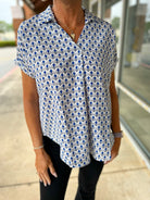 Navy Print V - Neck Short Sleeve Collared Top - A'Bekah's Boutique