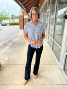 Navy Print V - Neck Short Sleeve Collared Top - A'Bekah's Boutique