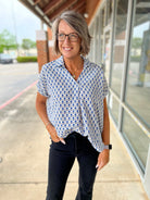 Navy Print V - Neck Short Sleeve Collared Top - A'Bekah's Boutique