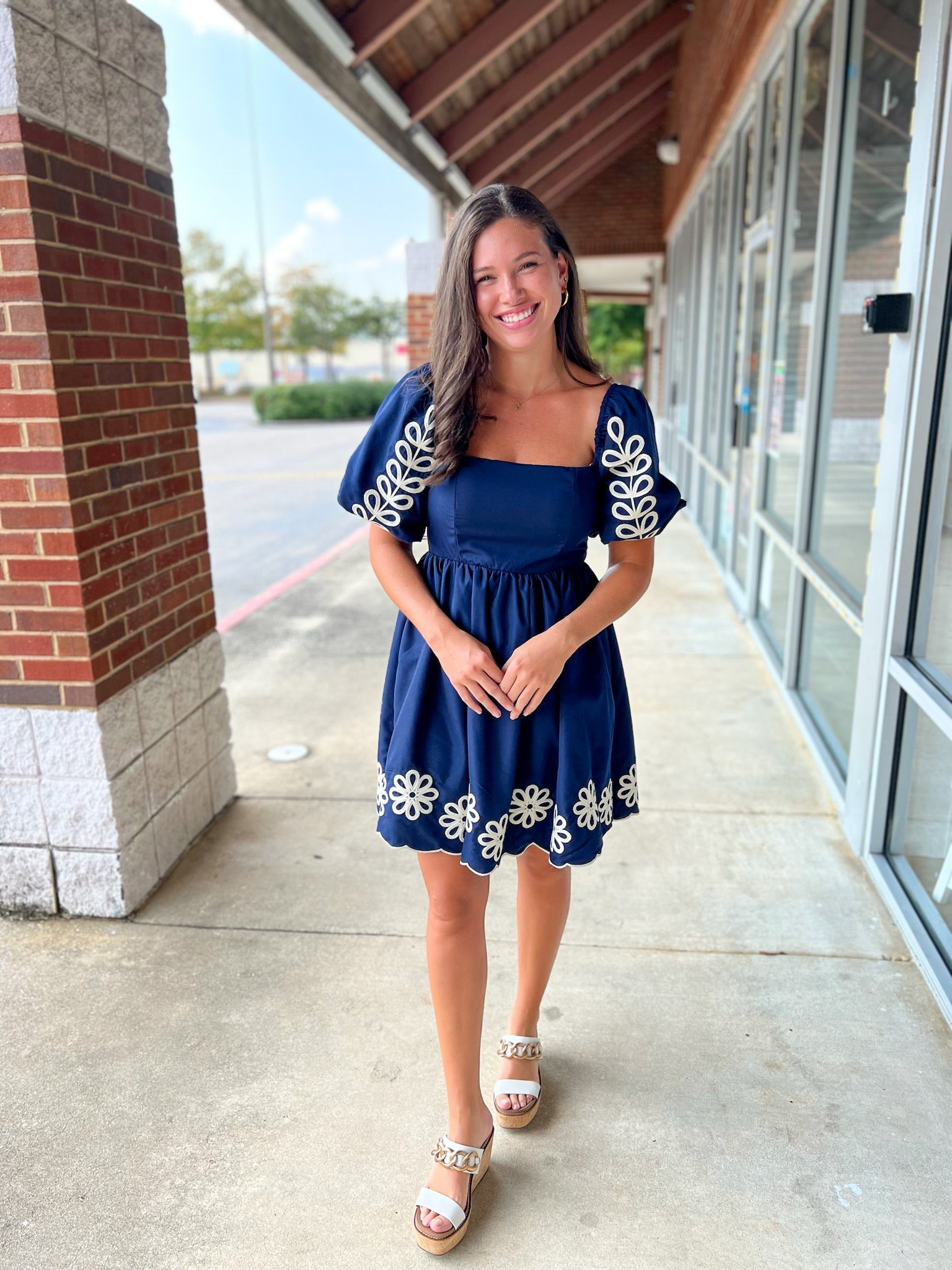 Navy Puff Sleeve Embroidered Dress with Scalloped Hem - A'Bekah's Boutique