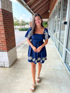 Navy Puff Sleeve Embroidered Dress with Scalloped Hem - A'Bekah's Boutique