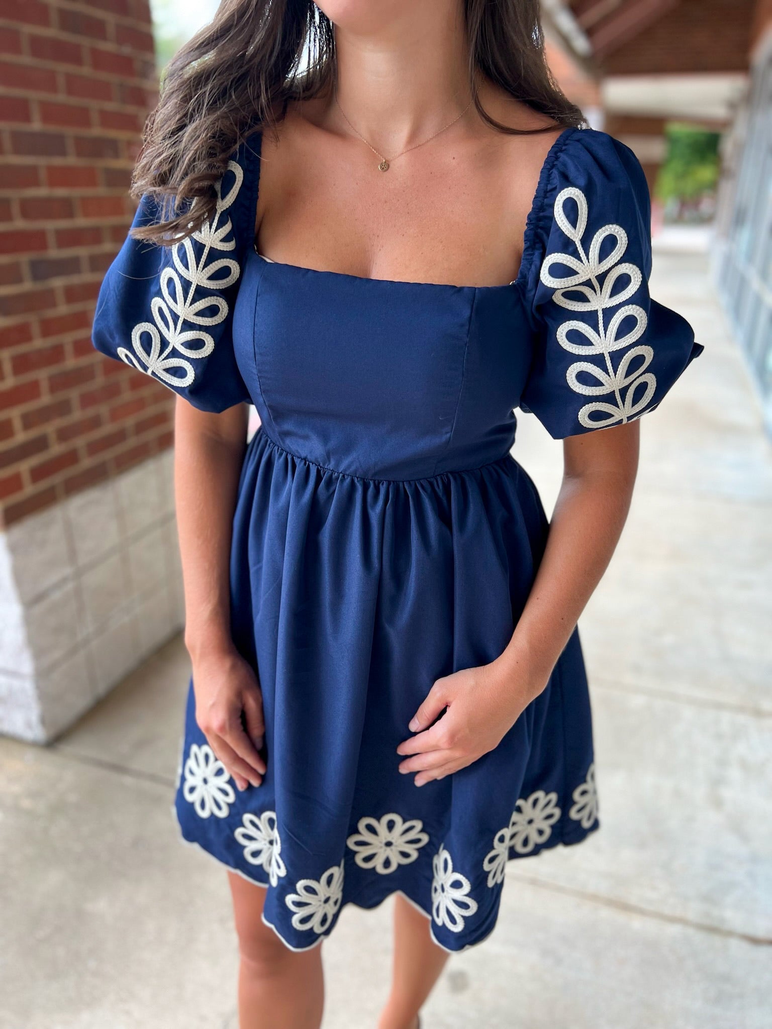 Navy Puff Sleeve Embroidered Dress with Scalloped Hem - A'Bekah's Boutique