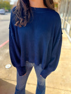 Navy Pullover Long Sleeve Sweater with Mock Neck - A'Bekah's Boutique