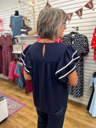 Navy Ruffle Sleeve Top with Contrast Piping - A'Bekah's Boutique
