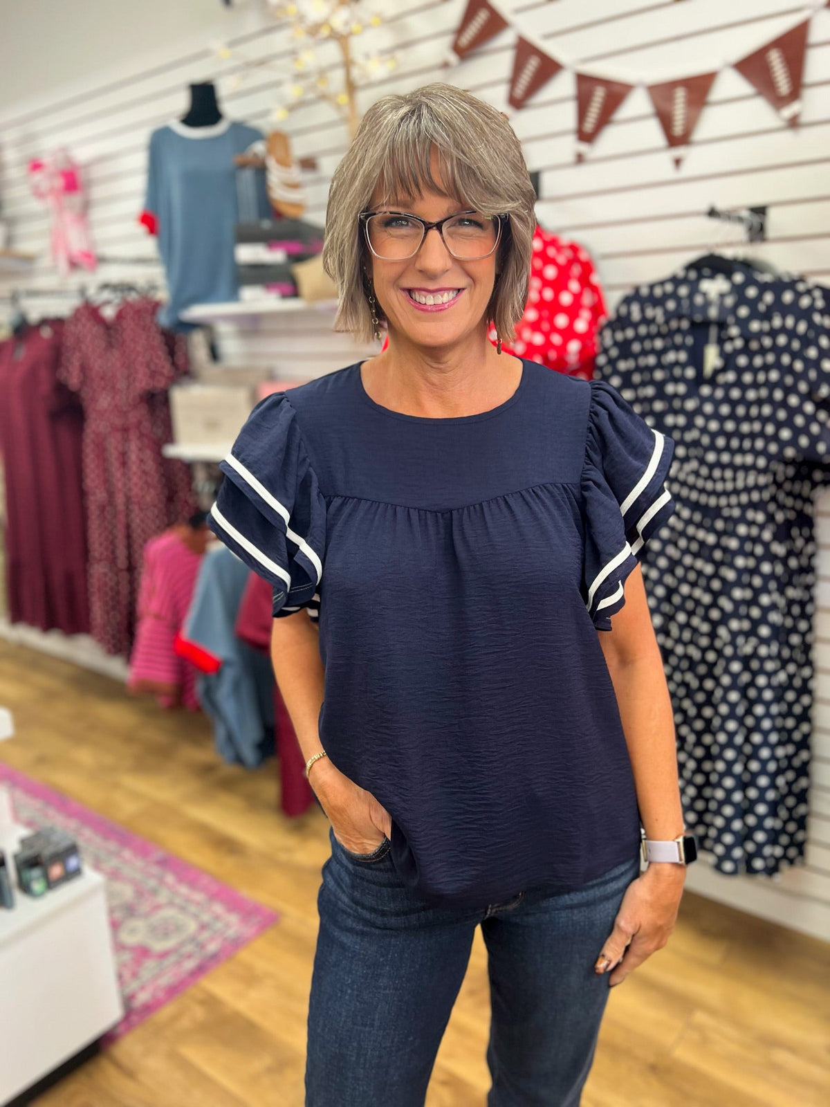 Navy Ruffle Sleeve Top with Contrast Piping - A'Bekah's Boutique