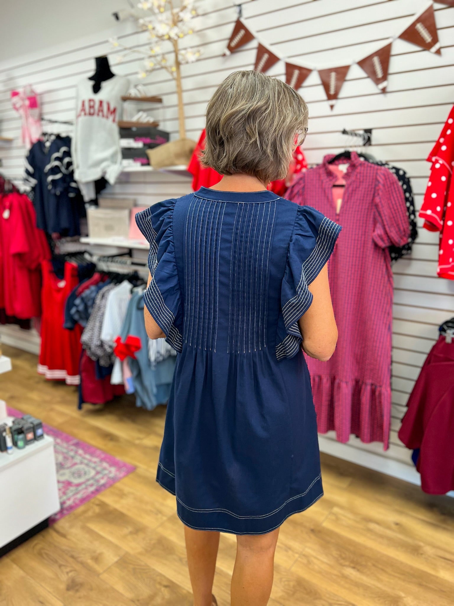 Navy Ruffle Sleeve V-Neck Dress with Contrast Stitching - A'Bekah's Boutique