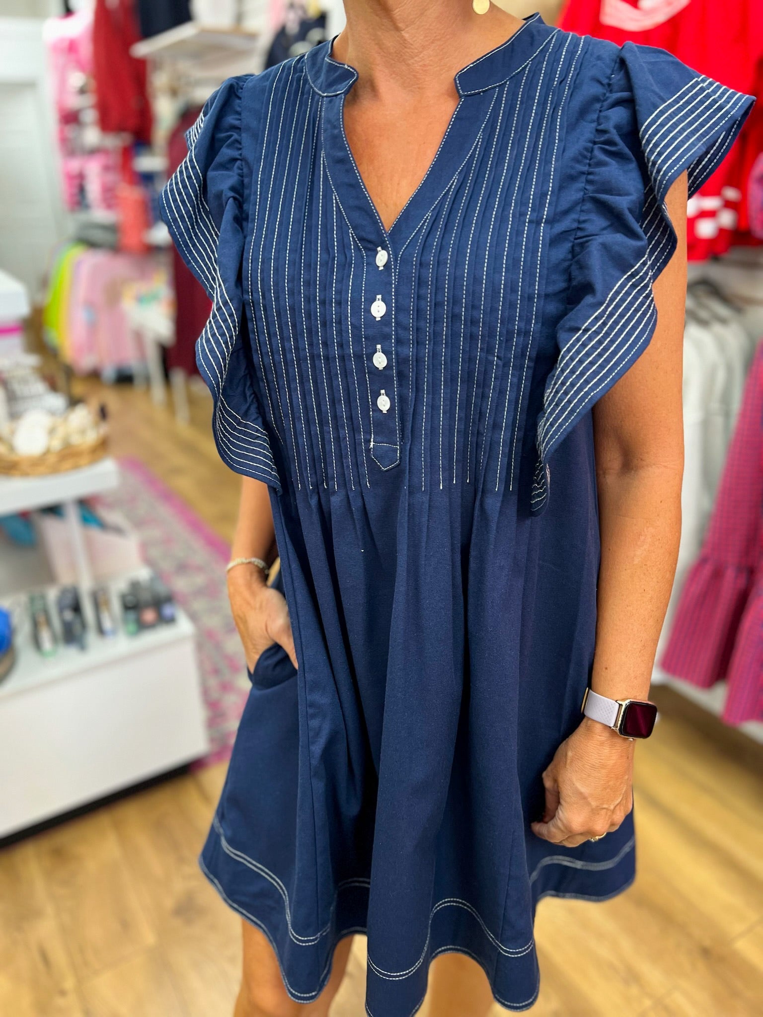 Navy Ruffle Sleeve V-Neck Dress with Contrast Stitching - A'Bekah's Boutique