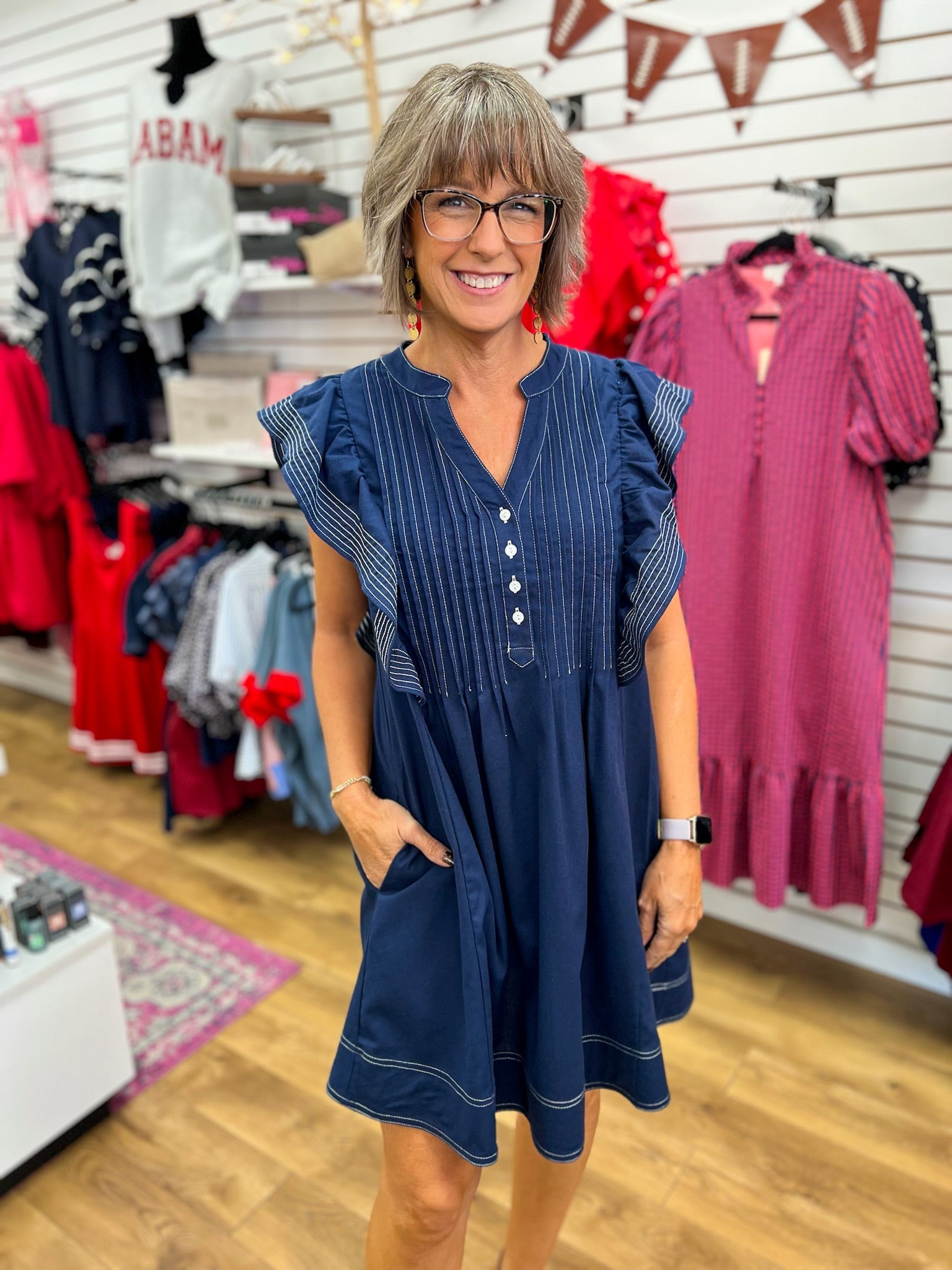 Navy Ruffle Sleeve V-Neck Dress with Contrast Stitching - A'Bekah's Boutique