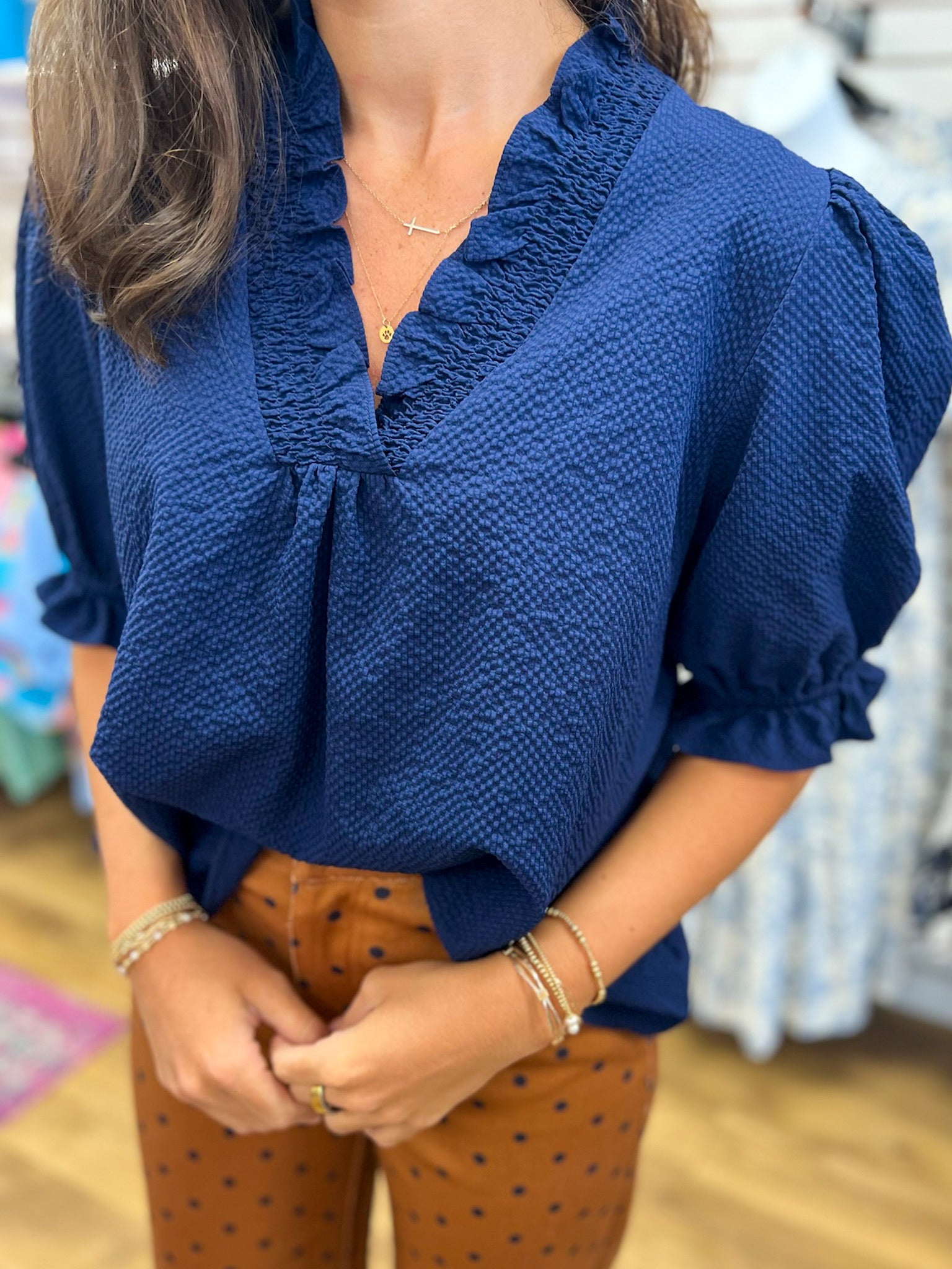 Navy Ruffle Trimmed V-Neck Top - A'Bekah's Boutique