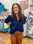 Navy Ruffle Trimmed V-Neck Top - A'Bekah's Boutique