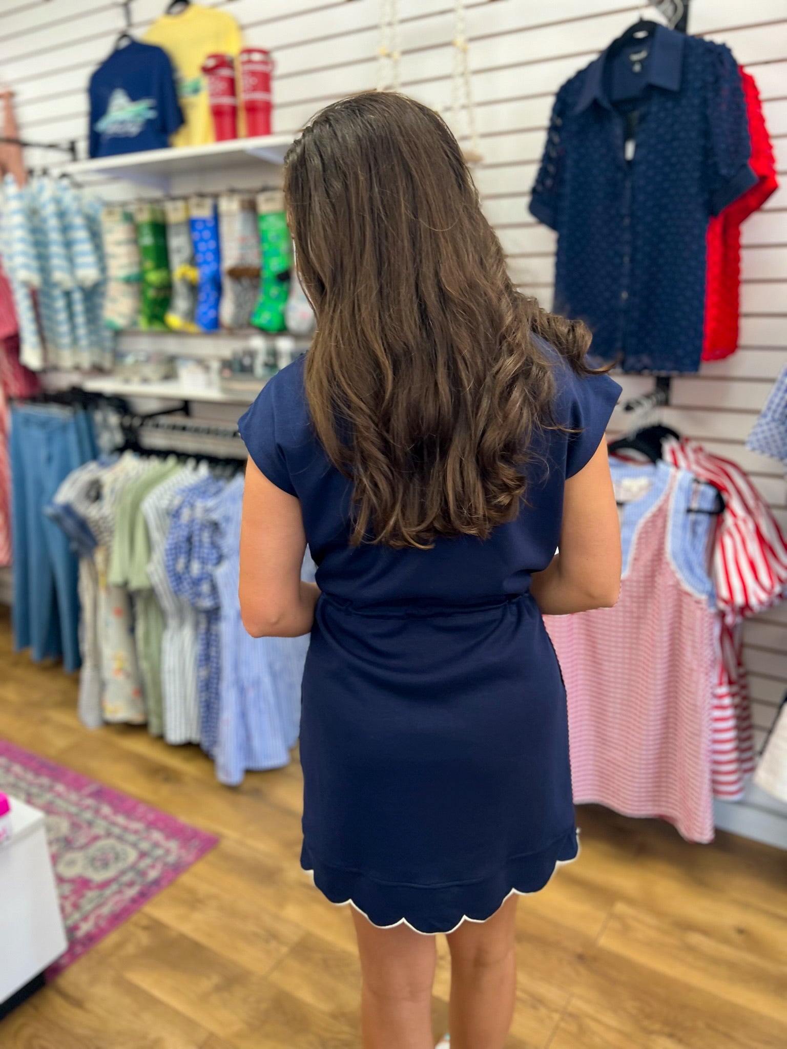 Navy Scuba Fabric Short Sleeve Dress with Drawstring Waist - A'Bekah's Boutique