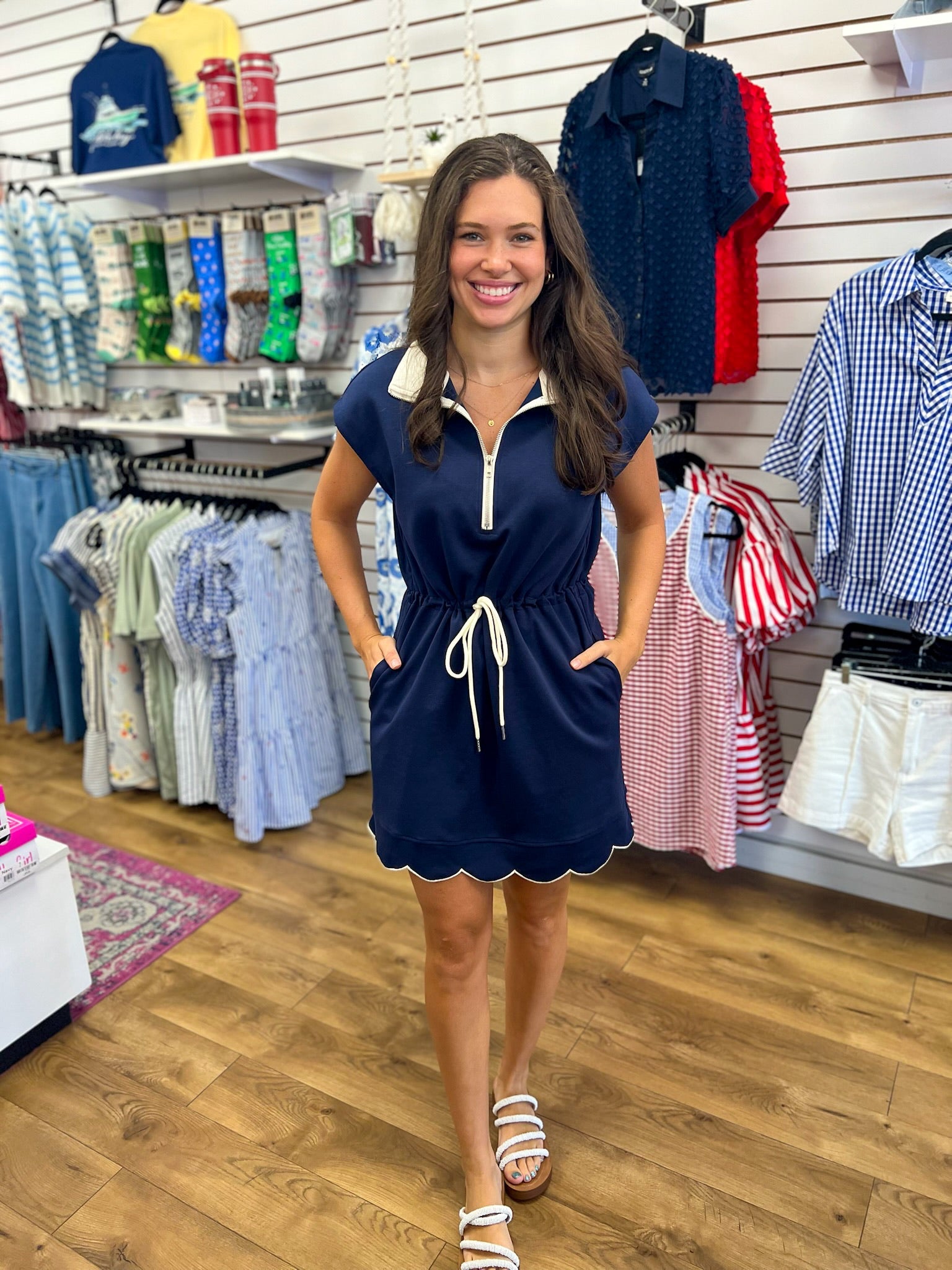 Navy Scuba Fabric Short Sleeve Dress with Drawstring Waist - A'Bekah's Boutique