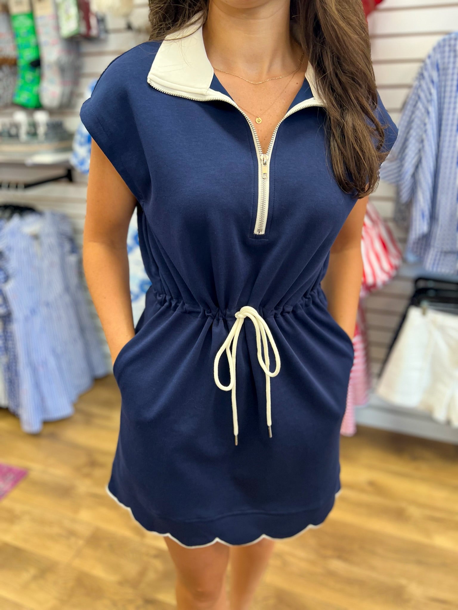 Navy Scuba Fabric Short Sleeve Dress with Drawstring Waist - A'Bekah's Boutique