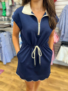 Navy Scuba Fabric Short Sleeve Dress with Drawstring Waist - A'Bekah's Boutique