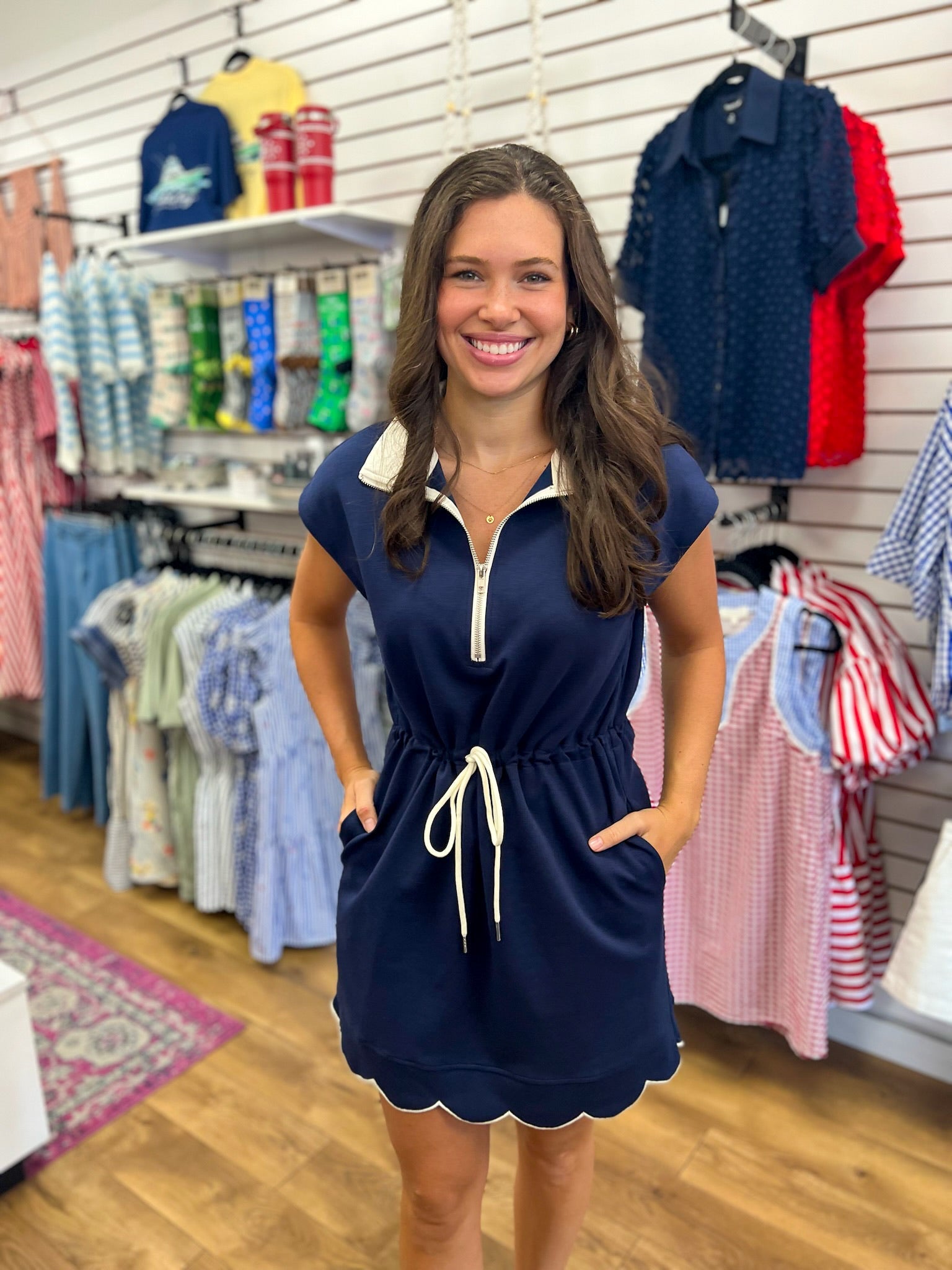 Navy Scuba Fabric Short Sleeve Dress with Drawstring Waist - A'Bekah's Boutique