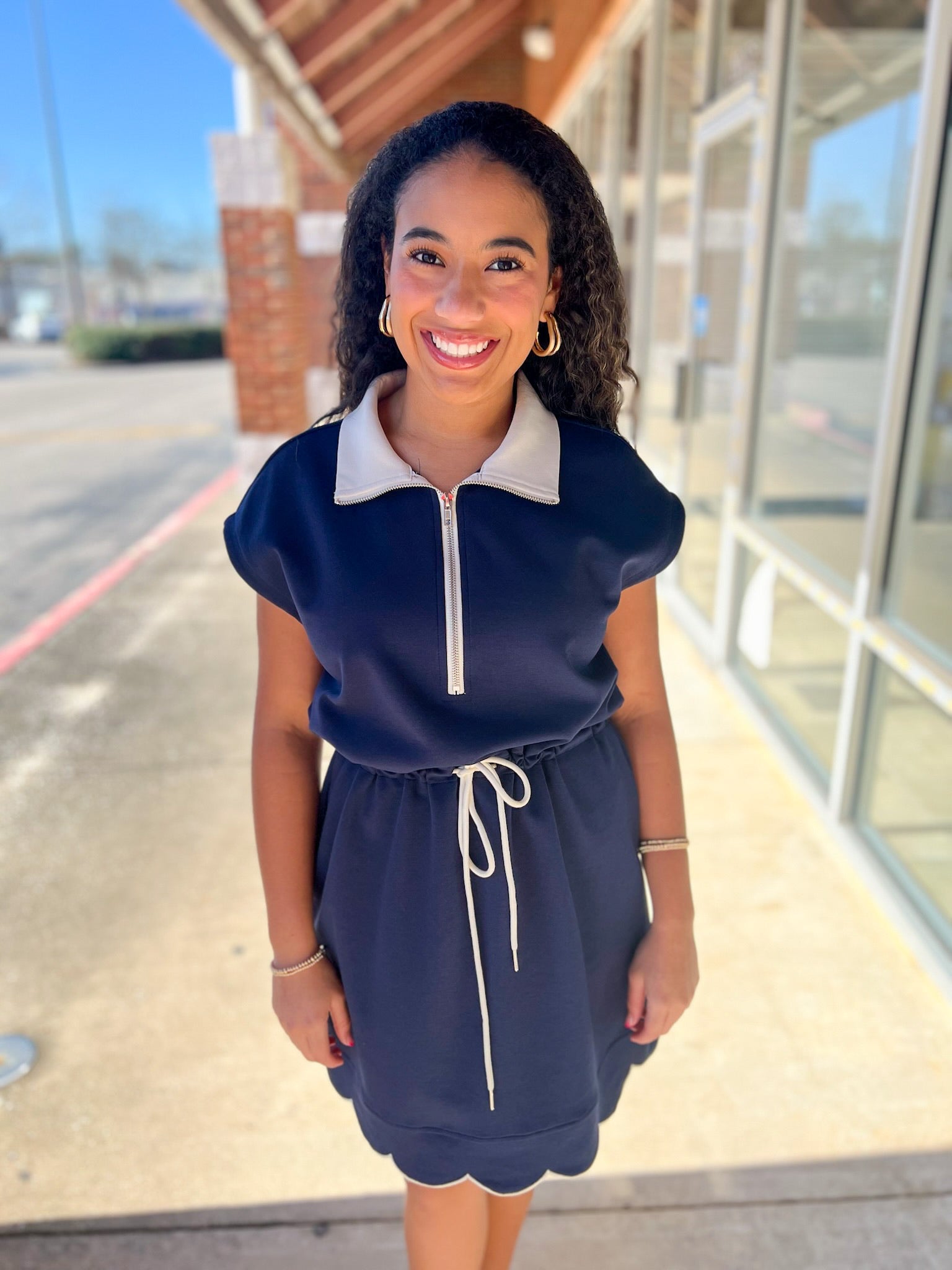 Navy Scuba Short Sleeve Dress with Drawstring Waist - A'Bekah's Boutique