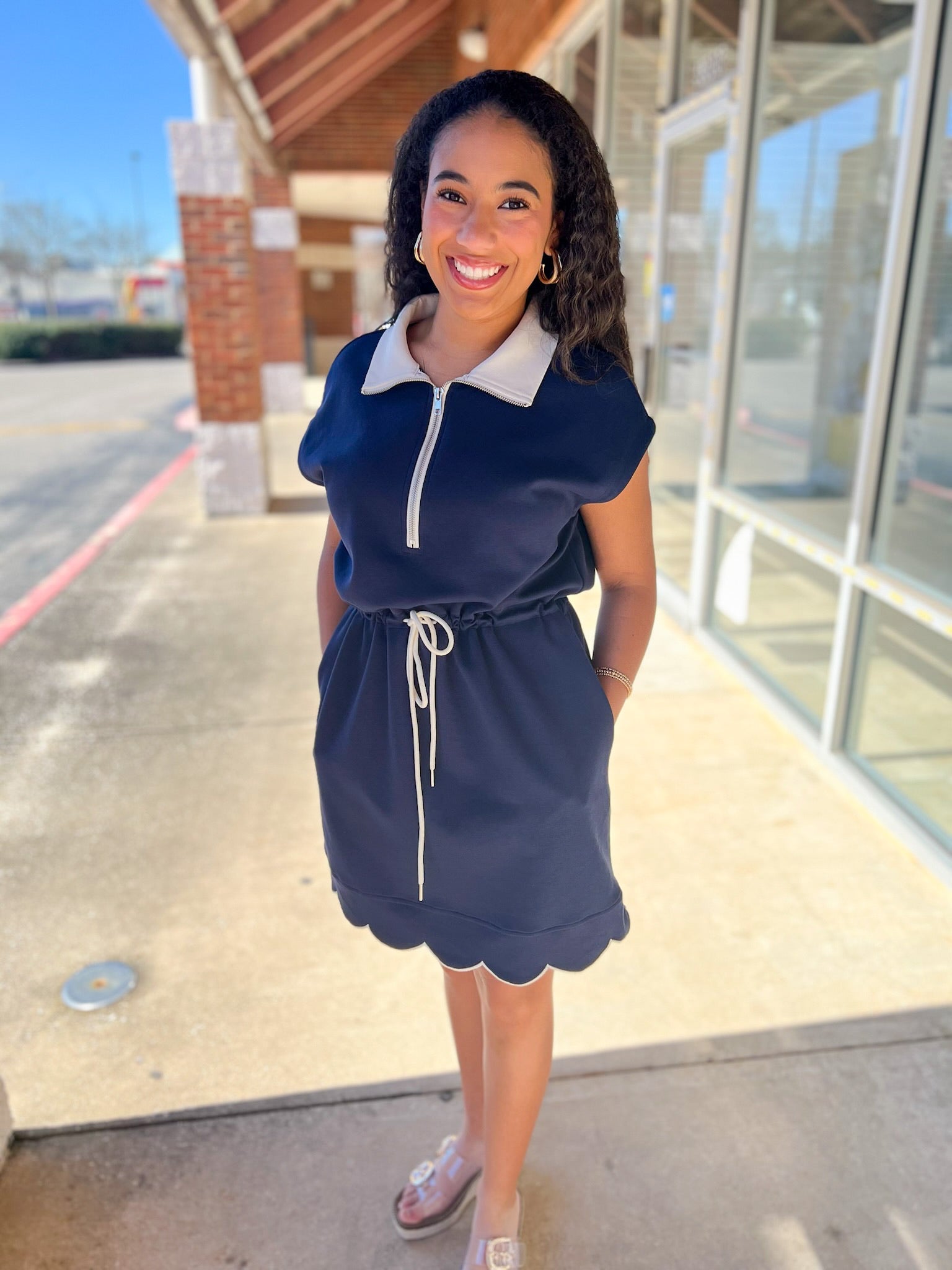 Navy Scuba Short Sleeve Dress with Drawstring Waist - A'Bekah's Boutique