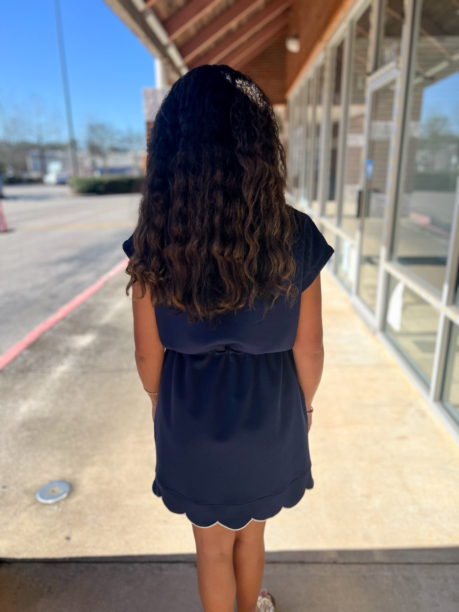 Navy Scuba Short Sleeve Dress with Drawstring Waist - A'Bekah's Boutique