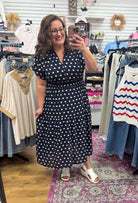 Navy Short Sleeve Polka Dot Midi Dress with Smocked Waist - A'Bekah's Boutique