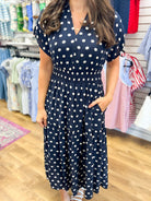 Navy Short Sleeve Polka Dot Midi Dress with Smocked Waist - A'Bekah's Boutique