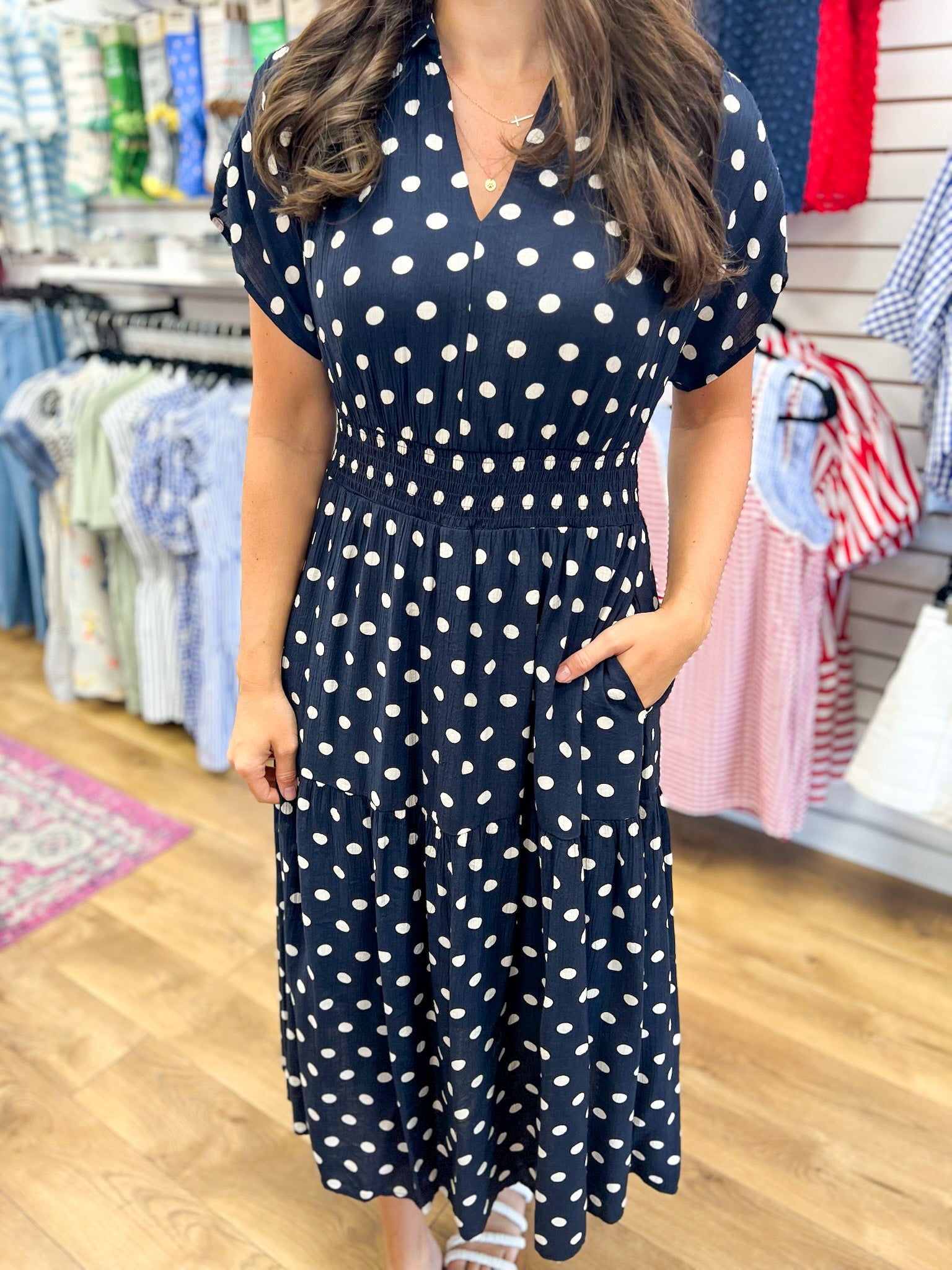 Navy Short Sleeve Polka Dot Midi Dress with Smocked Waist - A'Bekah's Boutique