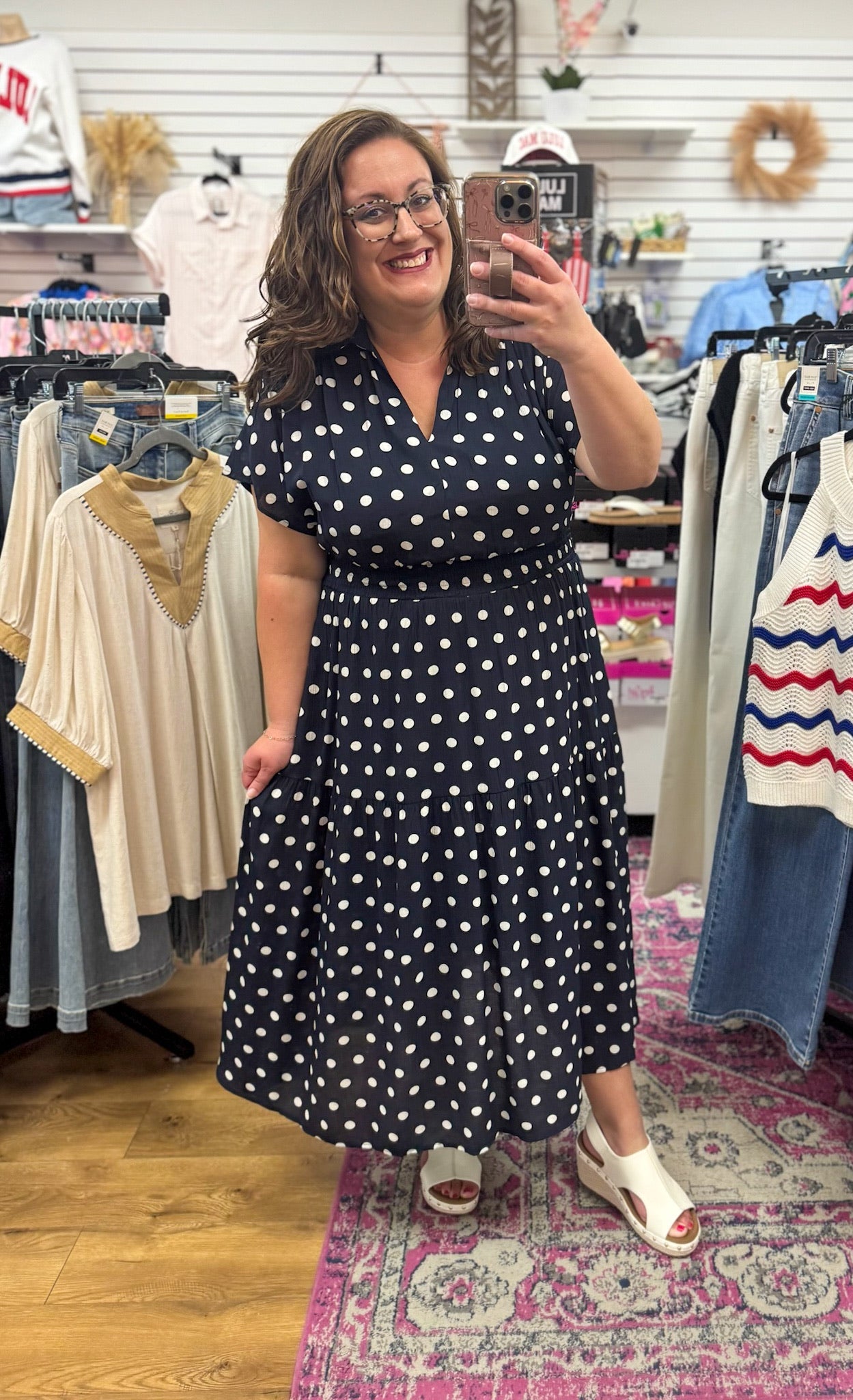 Navy Short Sleeve Polka Dot Midi Dress with Smocked Waist - A'Bekah's Boutique