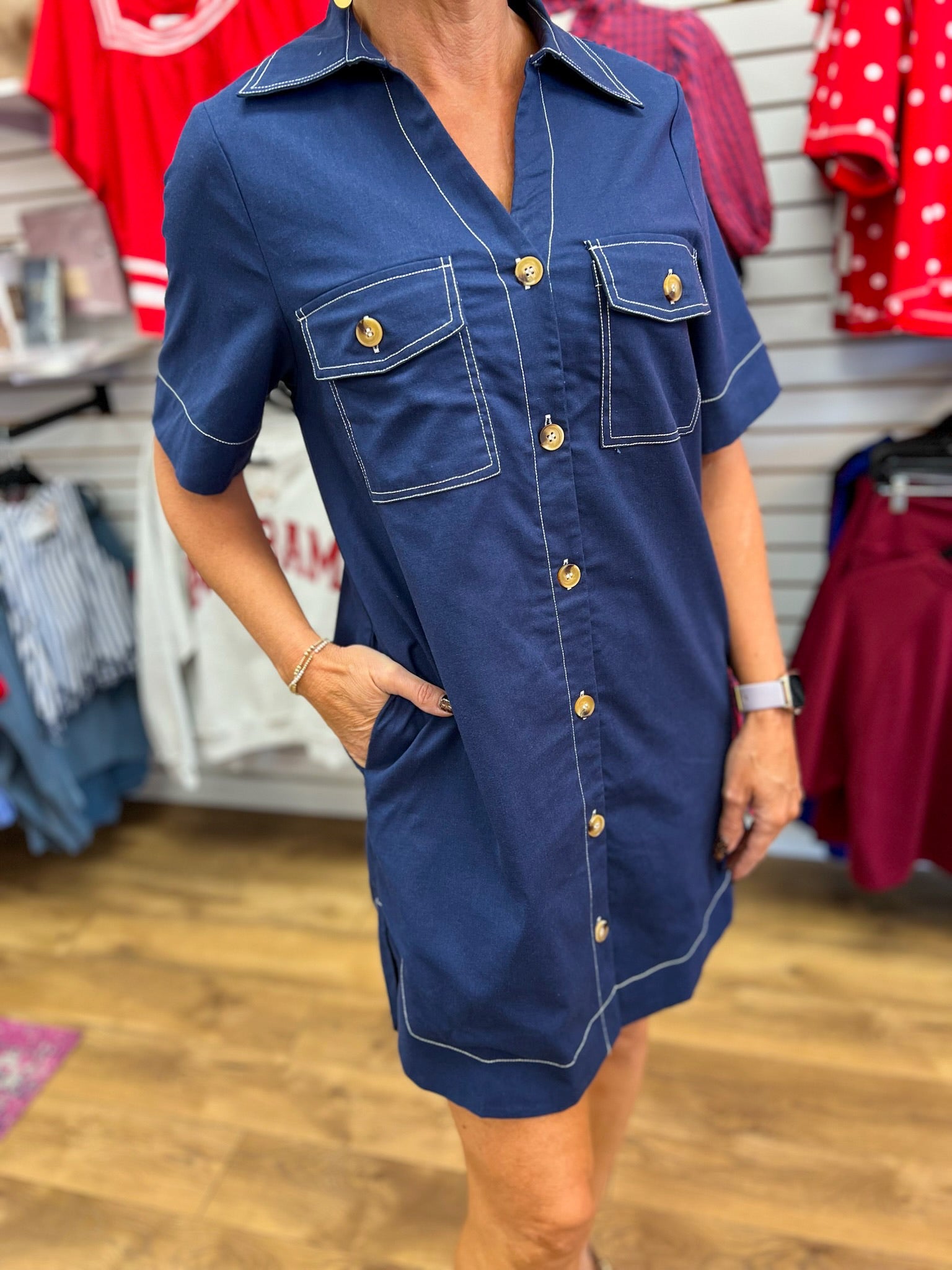 Navy Short Sleeve Shirt Dress with Pockets - A'Bekah's Boutique