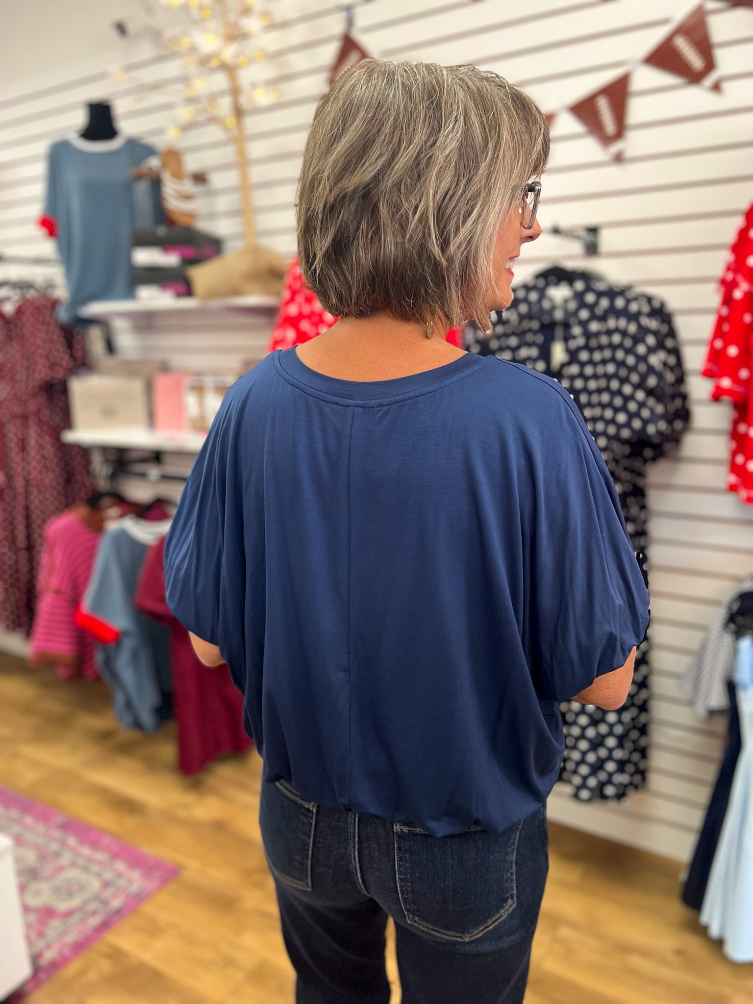 Navy Short Sleeve Top with Bubble Sleeves and Hem - A'Bekah's Boutique