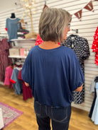 Navy Short Sleeve Top with Bubble Sleeves and Hem - A'Bekah's Boutique