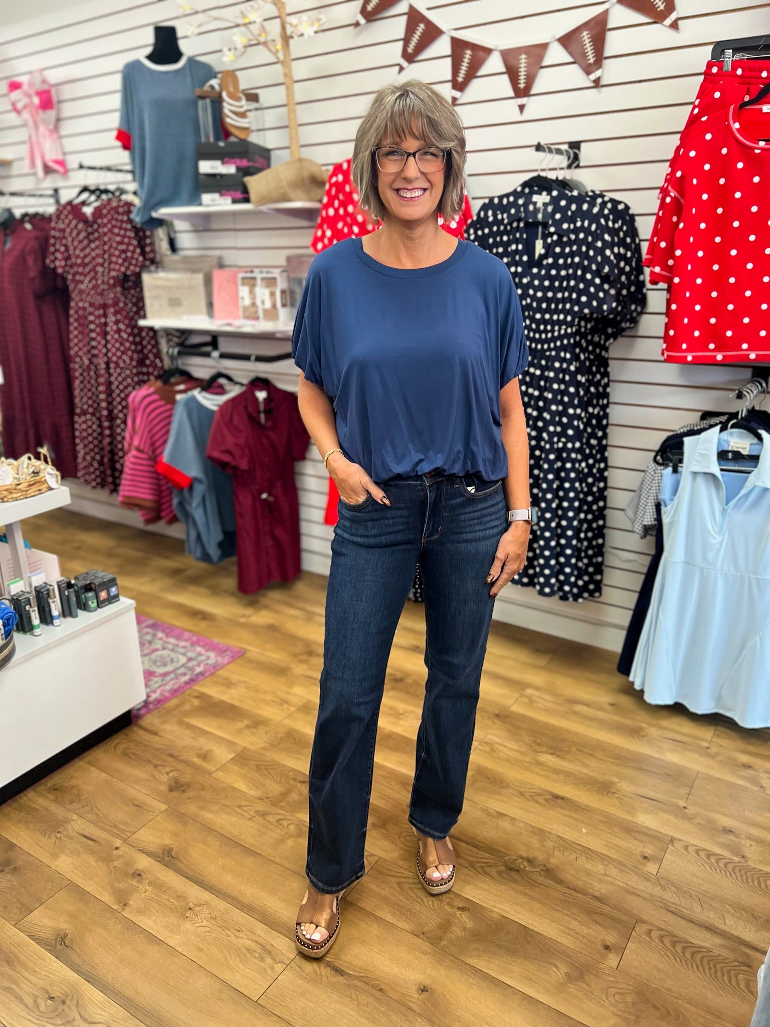 Navy Short Sleeve Top with Bubble Sleeves and Hem - A'Bekah's Boutique